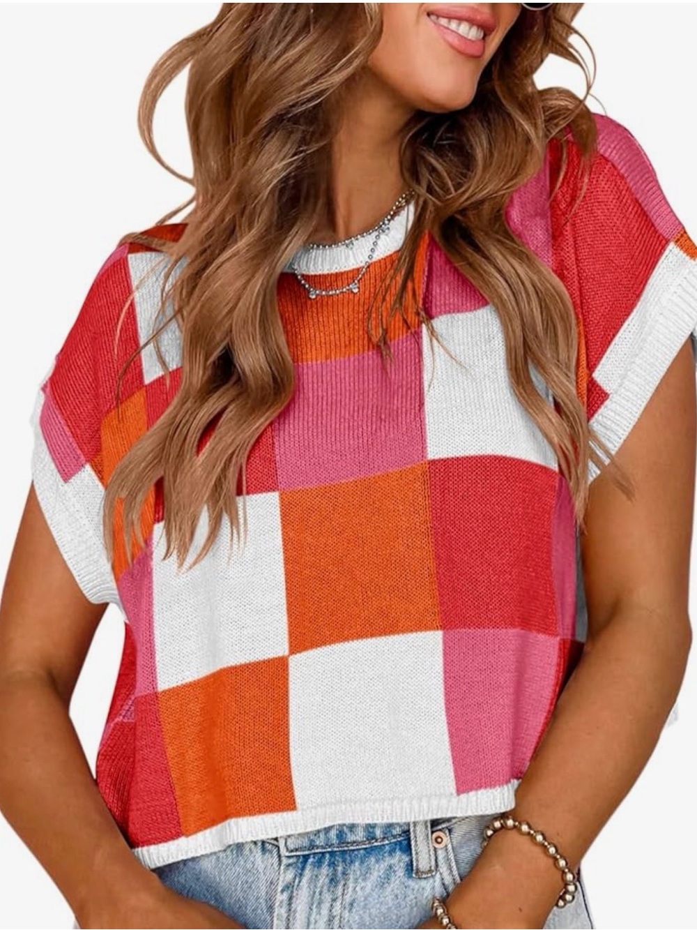 Colorblock Check Knit Top - Pink, khaki, Orange & White